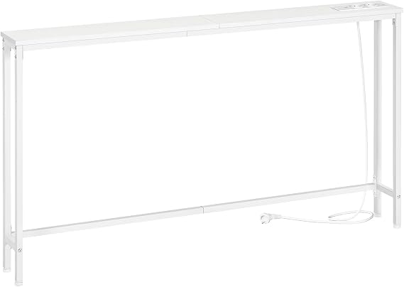 HOOBRO Narrow Console Table 140cm Multi Socket Entryway Table Behind Sofa Living Room Hallway Metal Frame White EWW145CXG01