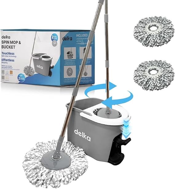 delka Spin Mop, Foot Pedal Water Removal, 360° Swivel, Splash Guard, Spin Mop and Bucket Set, Grey and White, 2 Microfibre Mop Heads