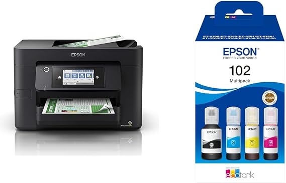 Epson WorkForce WF-4820 All-in-One Wireless Colour Printer with Scanner, Copier, Fax, Ethernet, Wi-Fi Direct and ADF, Black & EcoTank 102