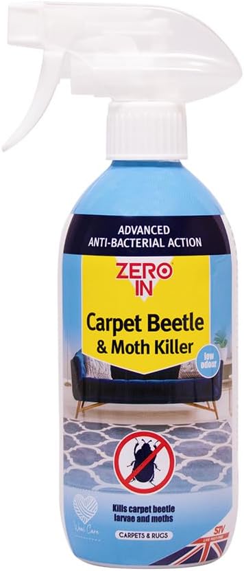Zero In Carpet Beetle & Moth Killer - 500 ml Spray Ready to Use Formulation Kills Carpet Beetles, Moths and the Germs they Carry Water-based Prevents Allergies and Reinfestation