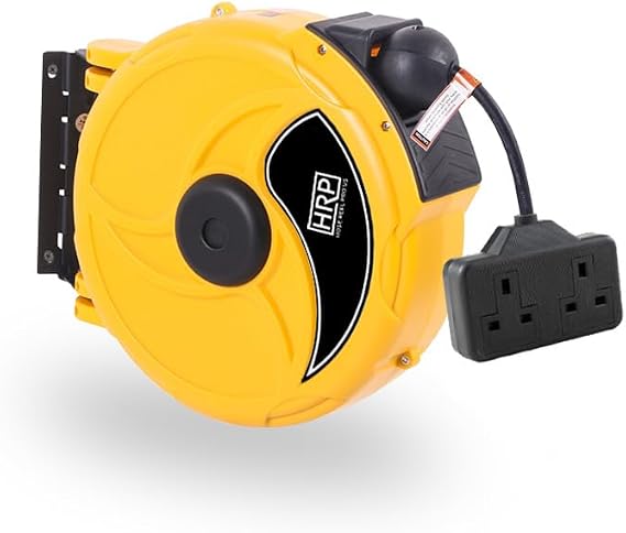 Retractable Extension Cable Reel, Heavy Duty Power Cable 9m Retractable Cable Reel Double Sockets 13A Power Switch (Yellow)