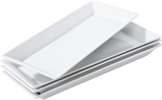 14 inch Rectangular Ceramic Serving Platters Set of 4 - Large Porcelain Serving Plates, White Appetizer Trays, Dishwasher Safe Plates for Steak, Charcuterie, Thanksgiving Turkey, Desserts