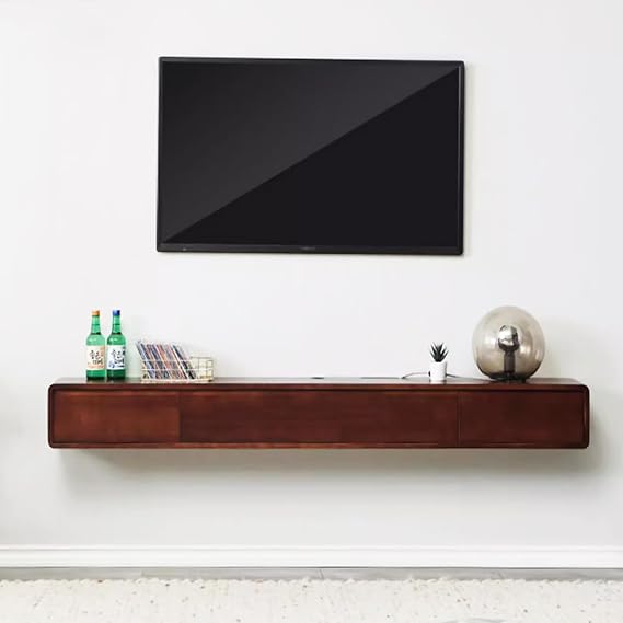 Solid Wood Floating TV Stand Shelf with Drawers, Wall-Mounted Entertainment Center, Farmhouse Wooden Floating TV Cabinet for Living Room (55.1" W x 8" D x 9.5" H, Brown)