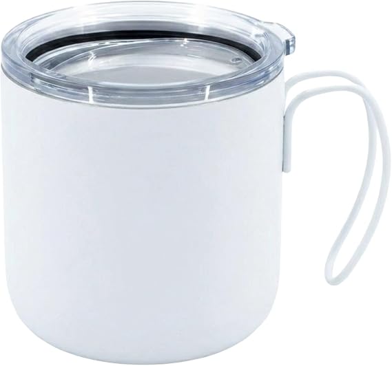 Paslanmaz Çelik Termos Mug - 320ml Vakumlu Seyahat Bardağı - Sızdırmaz Şeffaf Kapaklı ve Ergonomik Saplı Kamp Kupası - Ofis ve Dış Mekan İçin Isı Yalıtımlı Modern Kupa (Beyaz)
