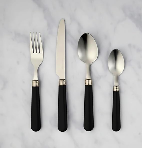New 16-Piece Contemporary Stainless Steel Cutlery Set with Comfort-Grip Handles – Perfect for Everyday Dining & Table Décor-M81 (Black)