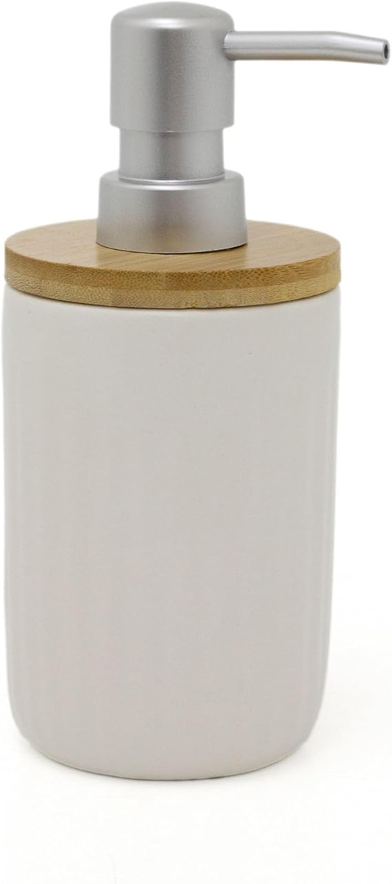 Carousel Home White Ceramic Ribbed Soap Dispenser | Bathroom Liquid Hand Soap Dispenser | Refillable Bathroom & Kitchen Hand Wash Holder - 17cm