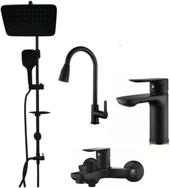 Fleko Yağmurlama Duş Seti, Spiralli Mutfak Bataryası ve Lavabo Bataryası, (Siyah set)