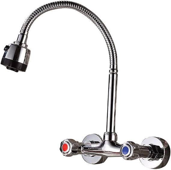 Adjustable Kitchen Faucet Wall Mounted Two Handle Chrome High Pressure Extendable Stainless Steel Single Lever Sink Arc Mixer Tap Mount Brushed Nickel Double Cross Commercial 360° Rotation tap