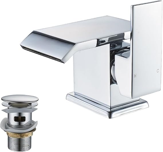 Waterfall Basin Tap,Square Monobloc Bathroom Sink Mixer Tap Brass Single Hole with Pop up Waste