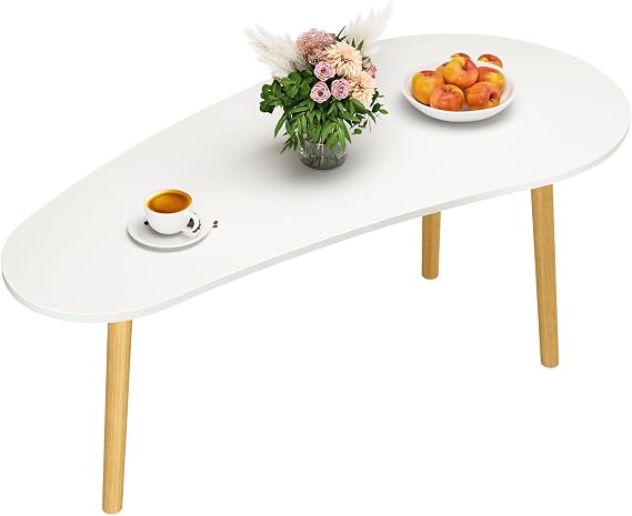 Small Coffee Table, Mid-Century Modern Wood Tea Table, Minimalist Living Room Center Table with Rounded Edges & Solid Legs (100/120cm) White 120cm