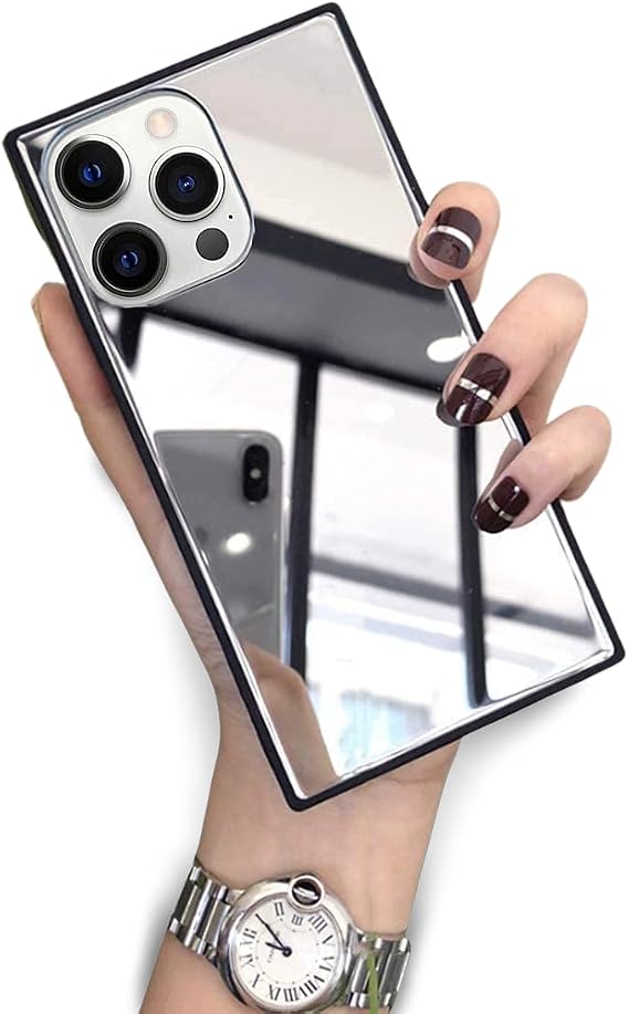 Compatible with iPhone 14 Pro Max Rectangle Mirror Case for Women Girls Makeup Glass Mirror Back Design Silicone Bumper TPU Protective Cover Phone Case