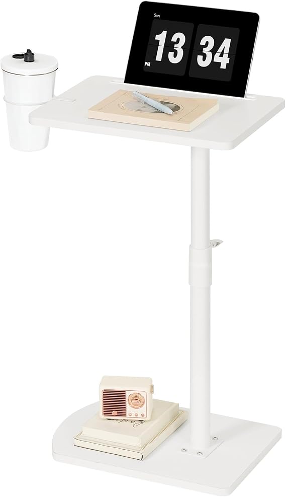 HOOBRO C Shaped Side Table, Height Adjustable Bedside Table, 360° Rotating Sofa Table Laptop Tables with Detachable Cup Holder and Tablet Slot, Slides Under Sofa, White EWW34SF01