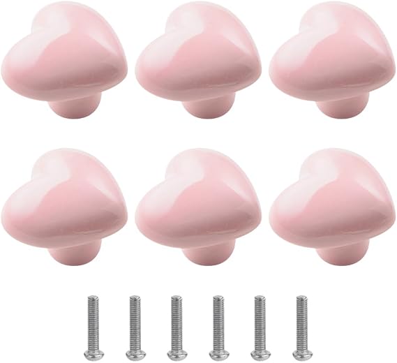 JIHUOO 6 Pcs Pink Ceramic Heart Knobs Cute Drawer Handle Knobs Closet Door Pull Knobs Kids Wardrobe Knobs Furniture Dresser Knobs Kitchen Cupboards Door Knobs with 6 Pcs Screws
