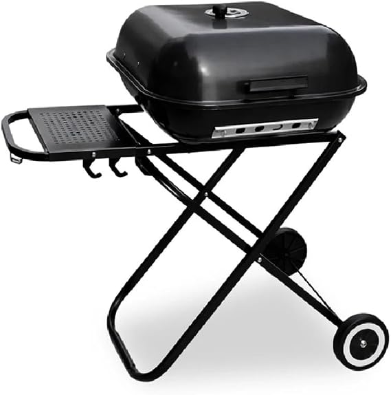 BBQ Grill Patio Portable Charcoal Folding Kettle BBQ Grill with 3 Adjustable Heights Garden Camping Caravan Outdoor Foldable Barbecue With Cooking Tools & Wheels Stand Square on wheels