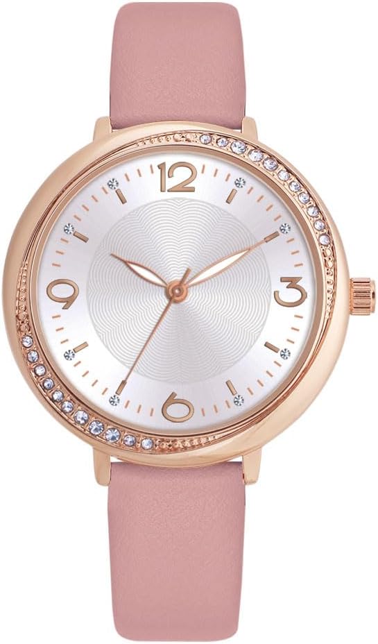 COMTEX Ladies Watch White Large Dial Face Crystal Diamante White Leather Strap Watch Rose Gold