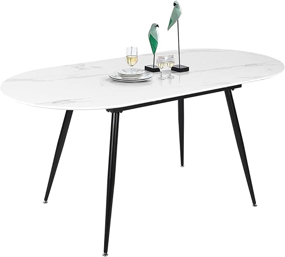 Extendable Dining Table, Oval Kitchen Table 120-160 cm for 4-6 Seater, Marble Effect Dining Table with Metal Legs and Hidden Table Leaf, Suitable for Kitchen, Dining Room or Living Room