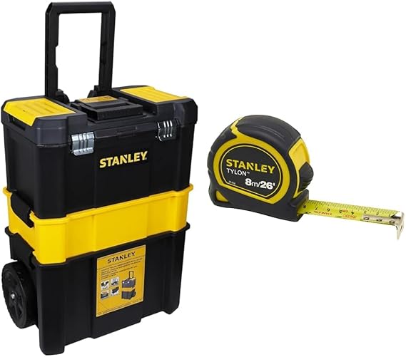 STANLEY Essential Rolling Workshop Toolbox, 3 Tier Stackable Units, STST1-80151 & Tylon 8m/26ft Pocket Tape Yellow/Black, 0-30-656