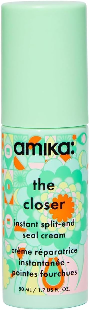 amika the closer instant split-end seal cream - leave in hair treatment + styling cream with bond fortifying technology - hair care to smooth + strengthen strands while eliminating frizz (50 ml)