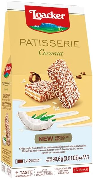 Loacker Patisserie Coconut - Gable Box of 3 x 99.6g Wafer Biscuits with Coconut Cream Filling Coated with Milk Chocolate & Coconut Flakes - Non GMO Sweet Treats with Natural Ingredients