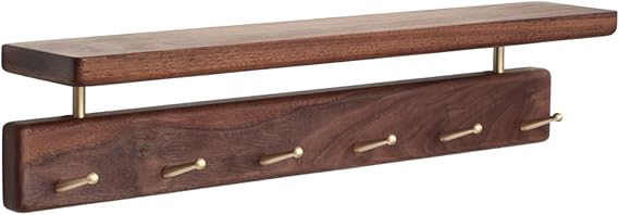 Wall Mounted Coat Rack with Shelf, Wooden Entryway Organizer with 6 Hooks, Wall Shelf with Hooks for Hallway, Bedroom, Bathroom (Walnut, 18.11inch/6 Hooks)