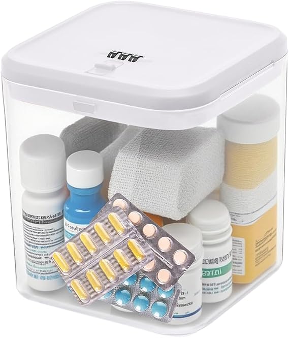 Lockable Storage Box,Medicine Lock Box Travel Case,Refrigerator Bin Container for Food,Medicines,Snacks,Locking Mobile Cell Phone Device Jail,Lockbox for Office,Home,School,Father Gift (Clear White)
