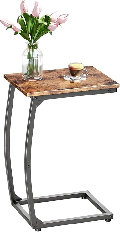 LAKEMID C Shaped Side Table,Couch Side Tables that Slide Under,Sofa End Table with Metal Frame,C Table for Sofa,Easy Assembly,Space-Saving,TV Tray Table for Living Room or Bedroom (Rustic Brown)