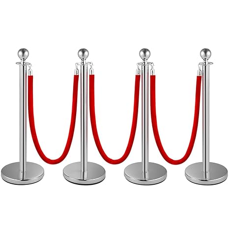 Crowd Control Stanchion, Set with 5 ft/1.5 m Red Velvet Rope, Stanchion Rope Divider, Stainless Steel Queue Barrier Line Divider with Fillable Plastic Base, Airport(4)