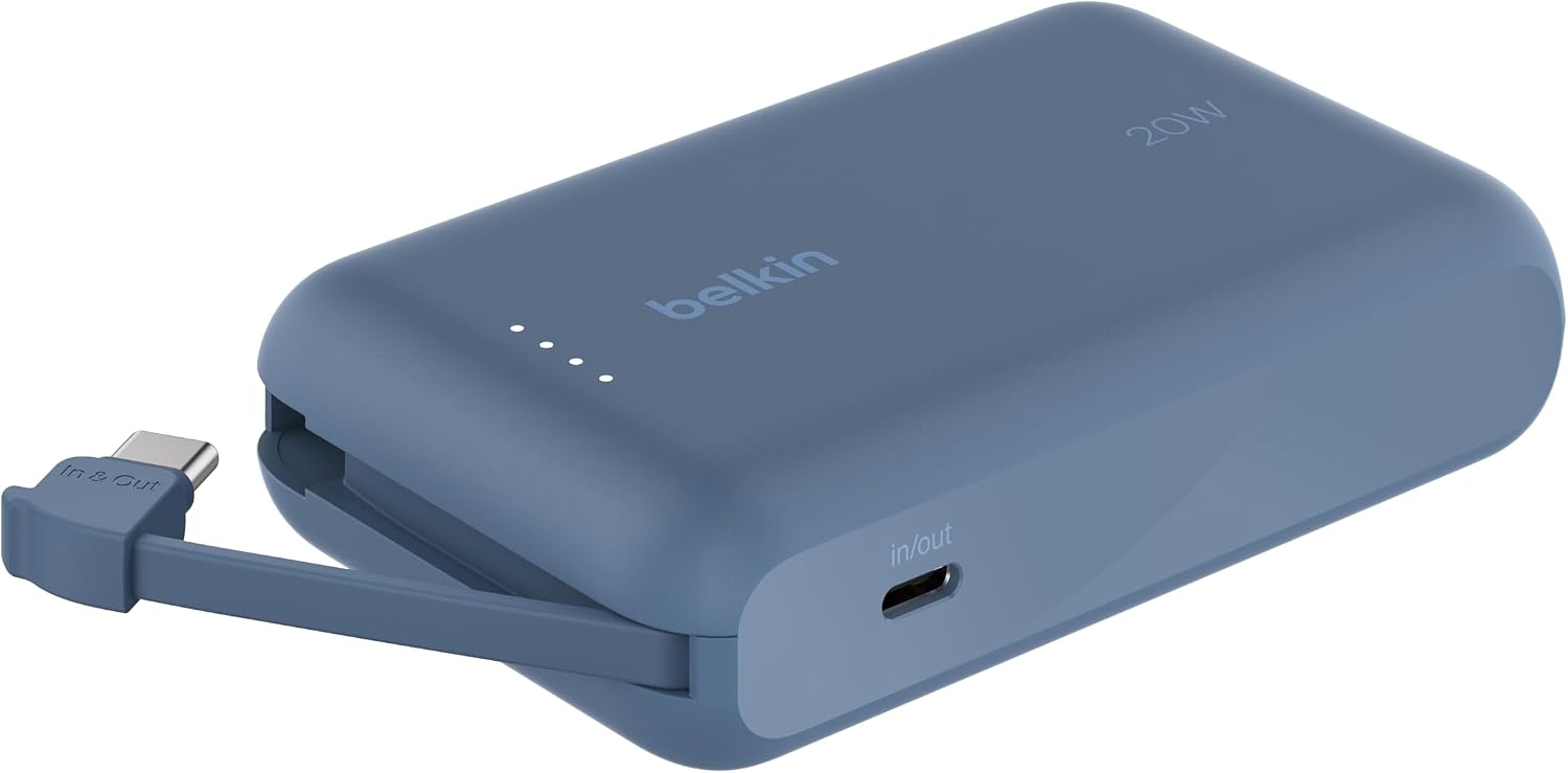 Belkin BoostCharge Power Bank, Integrated Wired Portable Charger 10K PD 20W - USB-C Power Distribution, Fast Charging for iPhone Power Bank iPhone 16 Series, iPad Pro, Galaxy S24 and More