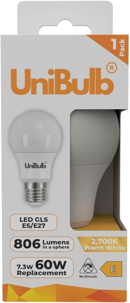 E27 Edison Screw (ES) 7.3W LED Light Bulb, 806 Lumens, 2700K Warm White, Replaces 60W, Non-Dimmable, 25yr Lifespan (1) [Energy Class E]