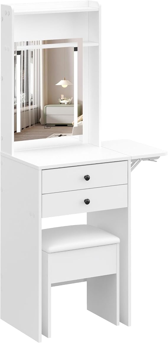 Dressing Table with Mirror and LED Lights, Makeup Table with 2 Drawers & shelves, Compact Small Vanity Desk Set with Fold-up Panel, Cushioned Storage Stool for Bedroom (White)
