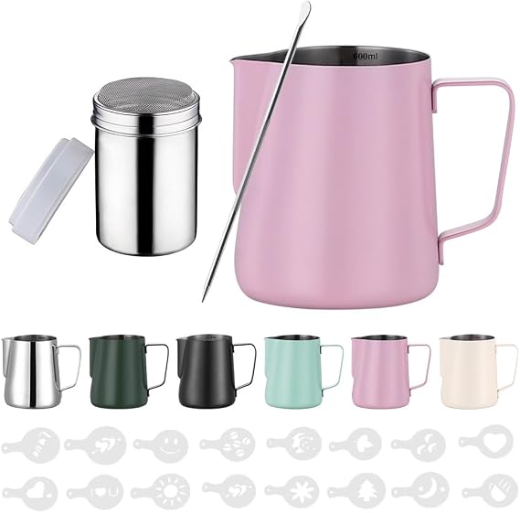 600 ml Stainless Steel Milk Jug, Barista Milk Jug with Measurement Mark 24 oz, Milk Foam Jug with Cocoa Shaker, 16 Latte Art Stencils & Pen for Cappuccino and Espresso, Rose Red