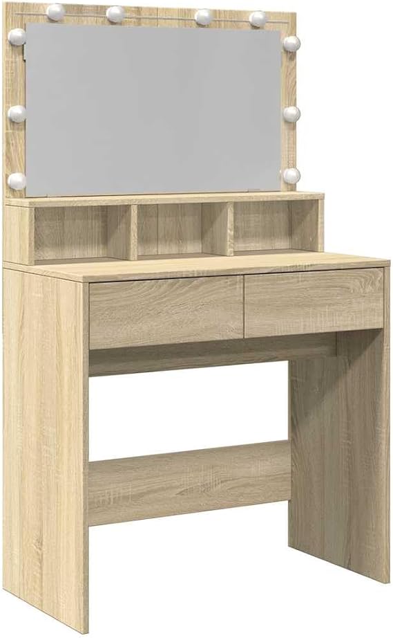 Dressing Table with LED, Vanity Desk with Mirror, 80x41x134.5 cm, Engineered Wood, 2 Drawers and 3 Compartments, USB LED Bulbs with Warm to Cold White Modes for Bedroom