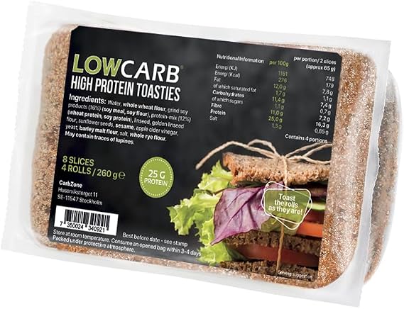 CarbZone Low Carb High Protein Toasties, No Added Sugar, 260g (Pack of 5)