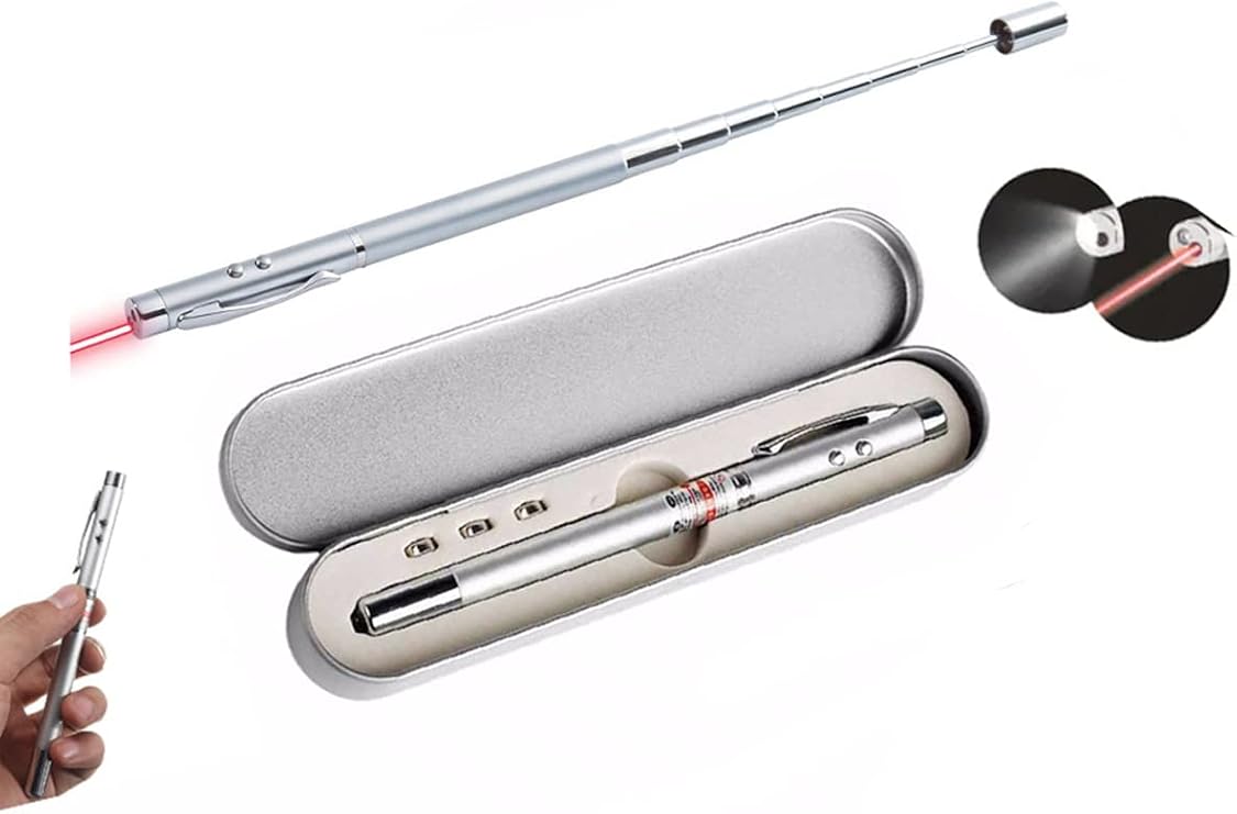 Metal Kutulu Kırmızı Lazerli, Led Işıklı Mıknatıslı Pointer Kalemi İşaretçi Uzayabilen Sunum Çubuğu Teleskopik Metal Tükenmez Kalem (PRS-1521G)