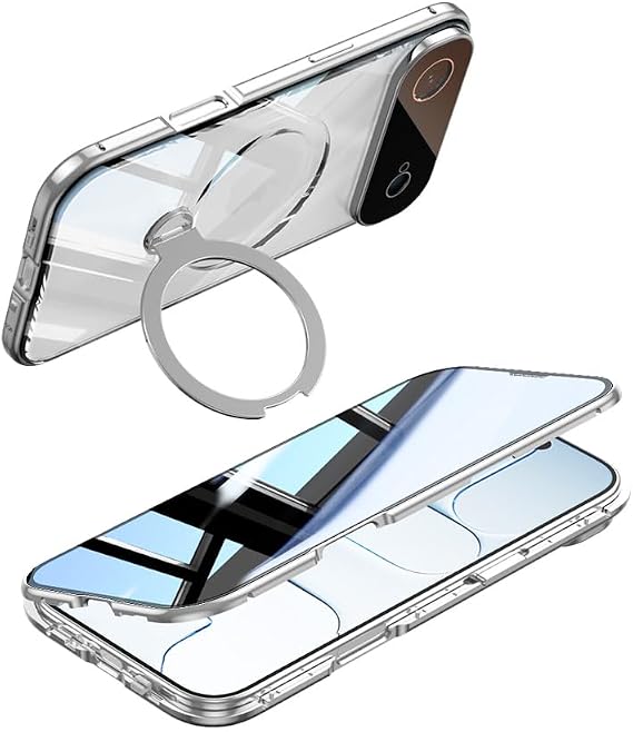iPhone 17 Air Case, MagSafe Compatible, Full Cover, 360 Degree Rotating Ring, Vertical Stand, Camera Lens Protection, Lock Included, Full Coverage, Aluminum Bumper, Tempered Glass, Transparent, Silver