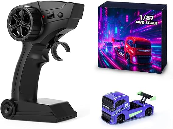 1/87 Scale Mini RC Drift Car, 2.4GHz 4WD Full Proportional RC Car, RTR Micro Drift Vehicle Model with LED Linked Lights, Simulated Brake Calipers, Long Runtime (Purple)
