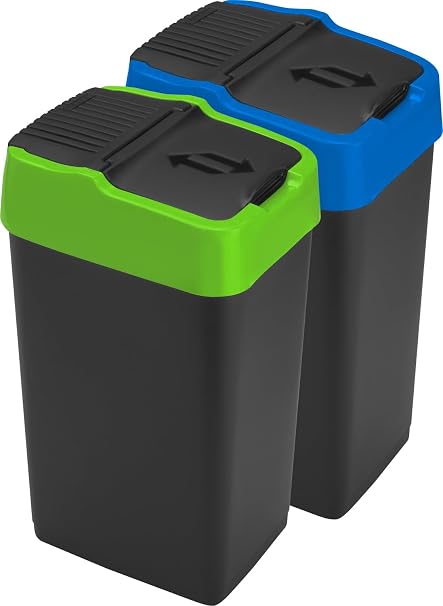 Double Plastic Indoor Recycling Bin with Swing Lid Top Colour Coded (Green & Blue, 2 x 18L)