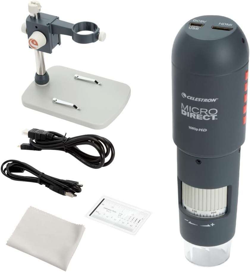 Celestron 44316 MicroDirect 1080P HDMI Handheld Digital Microscope, 10x-220x Magnification, GreyWhite