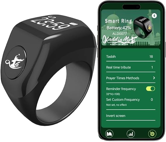 Aladdin Multifunctional Tasbih Prayer Smart Ring, Tasbeeh Counters, Prayer Direction Indicator Guide, 5 Azan Alarm Clock, Electronic Rosary, Step Counting, Heat Rate, SPO2, Blood Pressure, Sport,Black