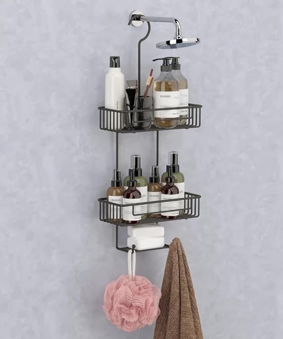 Duş Borusuna Asılabilir Kancalı İki Katlı Banyo Raf Siyah BK-0068