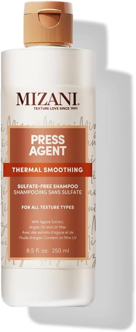 Mizani Smoothing Shampoo, Moisturising and Detangling Formula, Preps Hair for Thermal Styling, Enriched With Argan Oil and Agave Extract, Sulphate-Free, Press Agent Smoothing Shampoo, 250ml