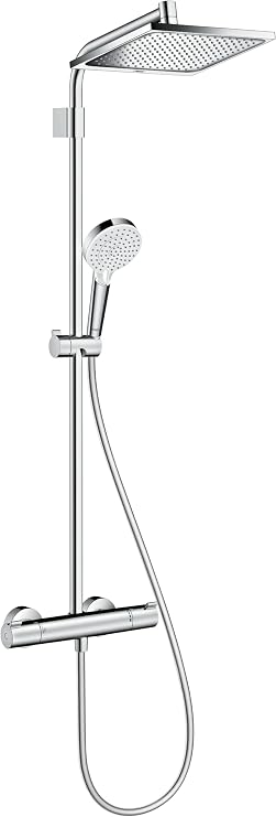 hansgrohe Crometta E - shower system with thermostat, rainfall shower head (240 x 240 mm), hand shower (2 sprays), shower hose, shower rail and head shower square (1 spray), chrome, 26785000