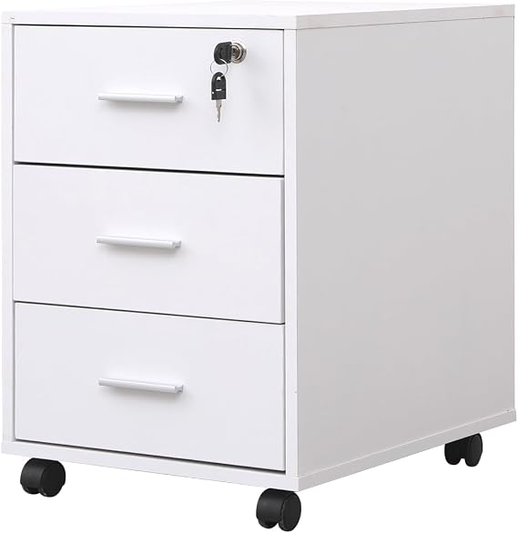 Mobile Lockable File Storage Cabinet with 3 Drawers on Wheels Under Desk Wood Beside Cabinet Pedestal for Unit Document Home Office Printer Stand Filing Side Drawers Nightstand on Caster (white#2)