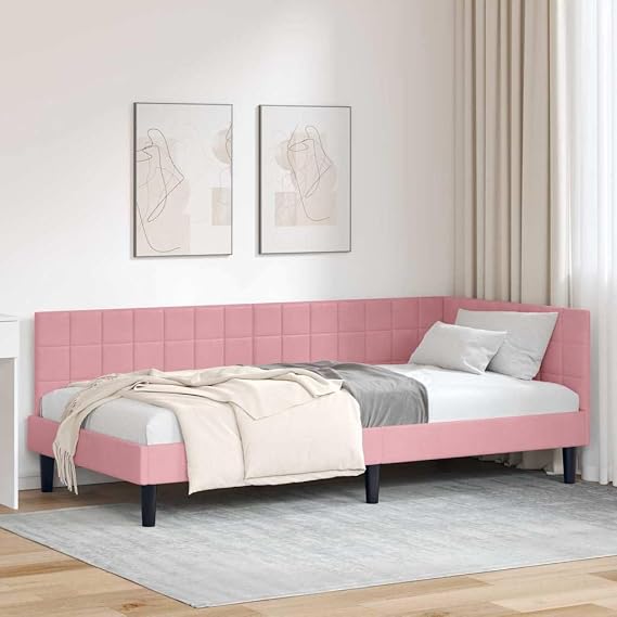 Corner Bed Frame 90 x 200 cm Pink Velvet with Headboard L Shape Space Saving Versatile Sofa Bed Modern Design Durable