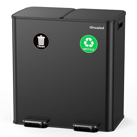 lovewind Kitchen Bin,2 X 30L Dual Compartment Pedal Recycling Bins for Kitchen,Stainless Steel Rubbish Bin with Inner Buckets, Soft Close, Wide Step-On Pedal,Airtight Design,for Home Office,Black