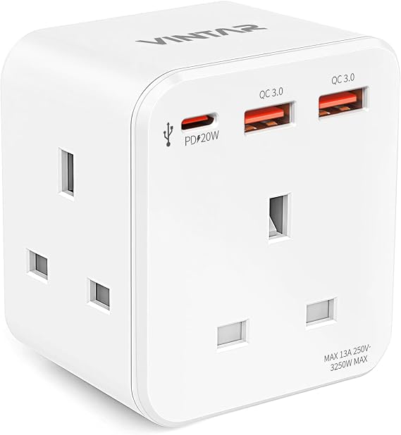 VINTAR 3 Way Adapter Plug Extension Socket with PD 20W Fast Charge