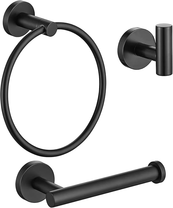 Toilet Roll Holder, Towel Ring & Hook, 3 PCS Bathroom Hardware Kit, Black