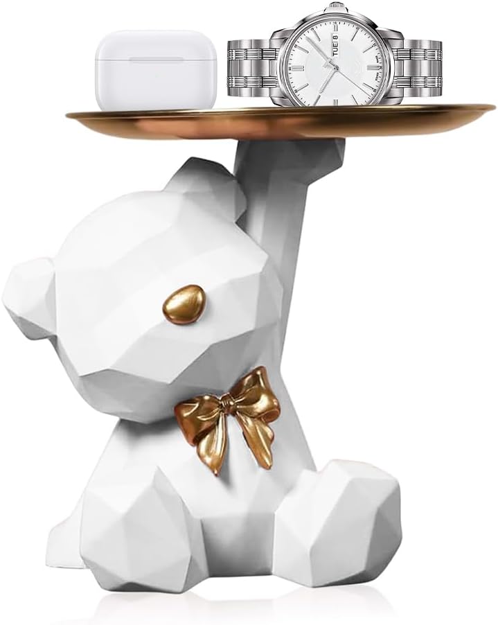 Bär Skulptur mit Tablett Bären Tablett Deko Harz Tier Skulptur Deko Schlüssel Schale Schmuck Aufbewahrungsbox für Wohnzimmer Eingangsbereich Büro Schreibtischdekoration(Weiß)
