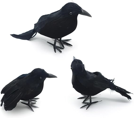 SEDEX Halloween Crows Artificial 3 Pack Feathered Crows Realistic Raven Birds Decorations Animal Ornament Spooky Black Feather Crow for Halloween Party Prop Indoor Outdoor Home Garden Decoration Model