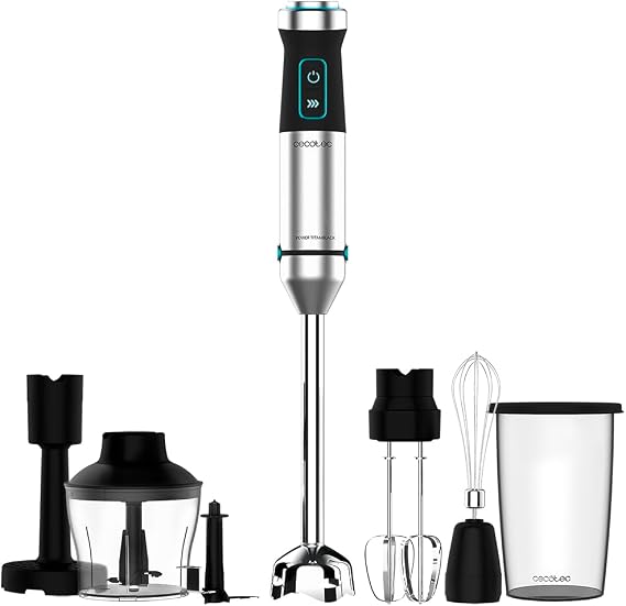 Cecotec Power TitanBlack 1500 XL PerfectCream&Crush Hand Blender, 1500 W, CrossBlades Technology with 4-Blade Blades, XL Foot, Includes Chopper, Whisk Sticks and Masher